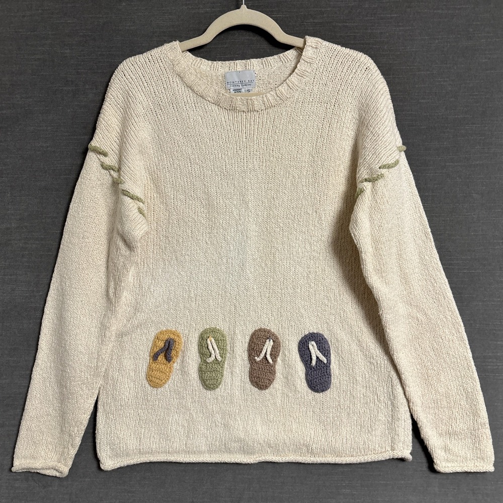 Monterey Bay Sweater S Cream Cotton Flip Flop Handknit Peru Beach Pullover